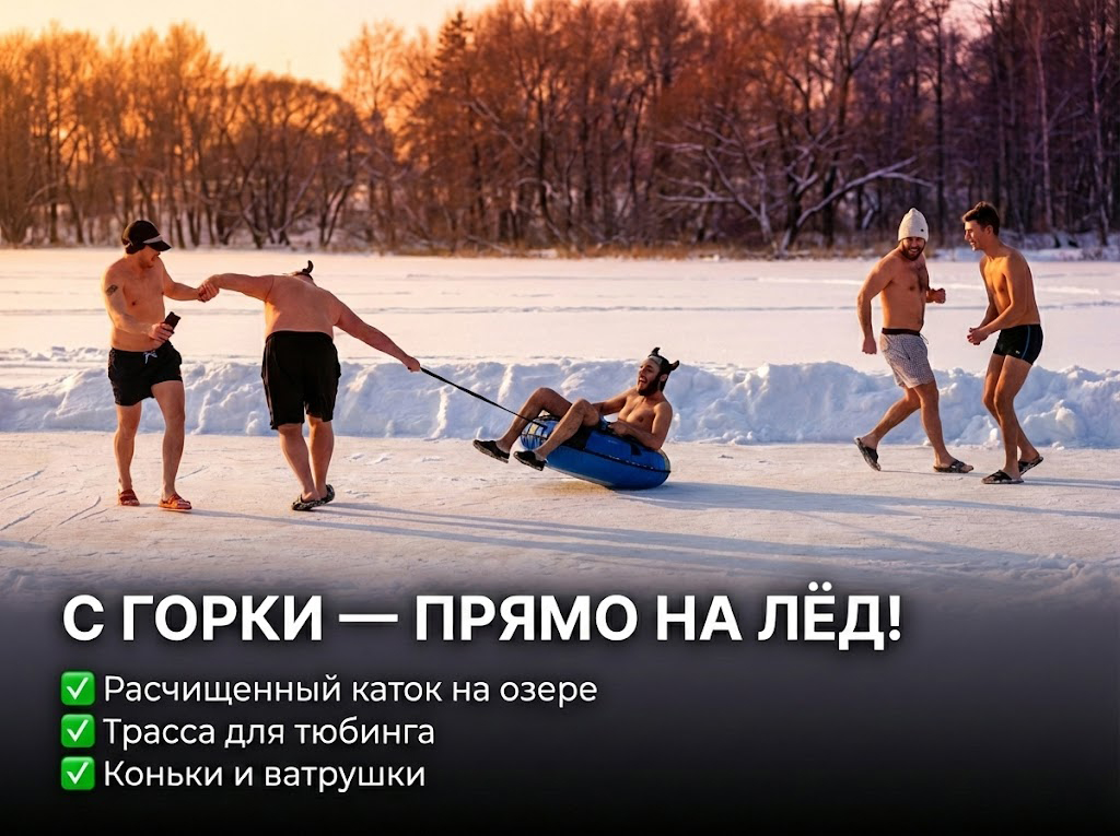 Веселое катание на ватрушке по льду озера в сторону проруби после посещения парной